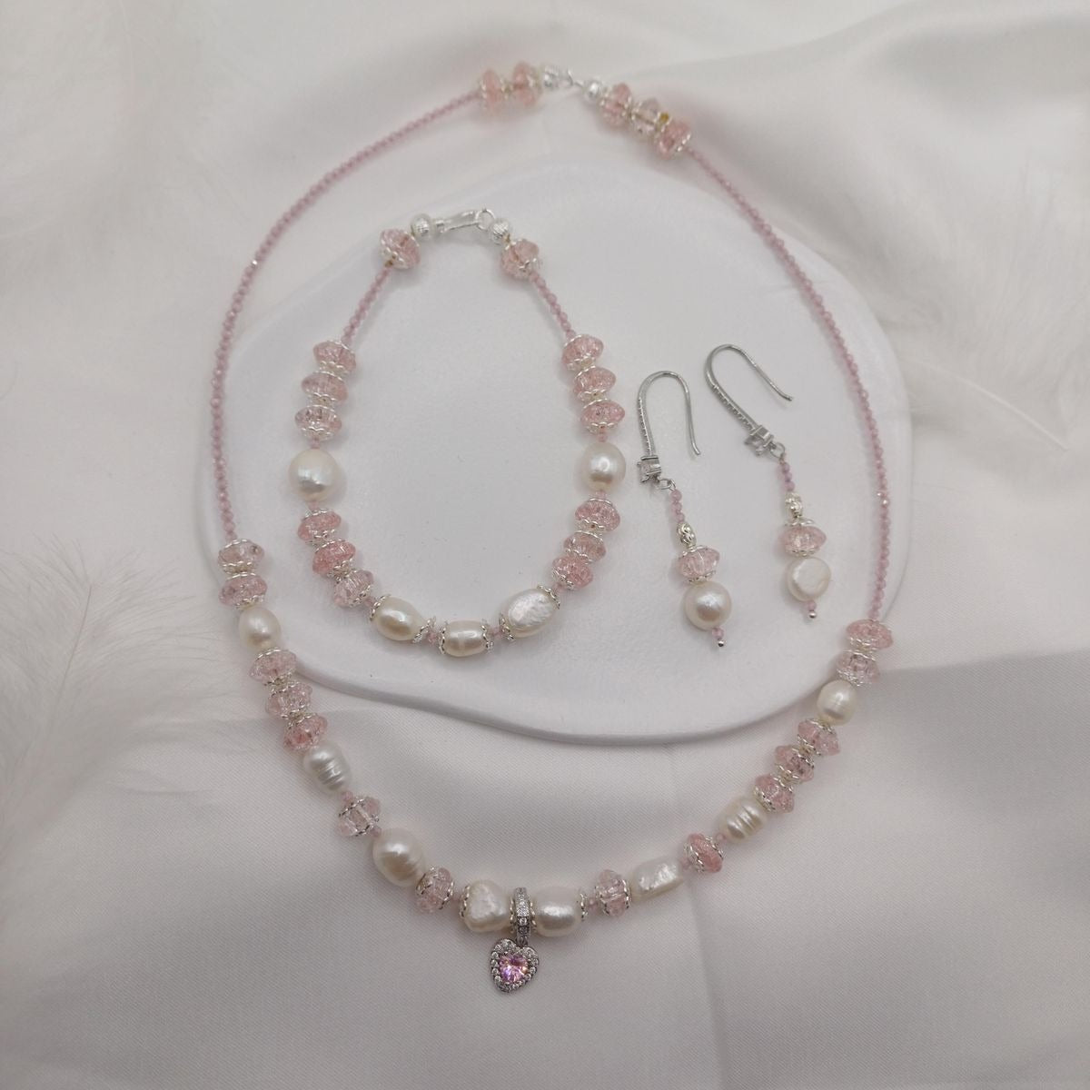 Pink Pearl Heart Charm Set